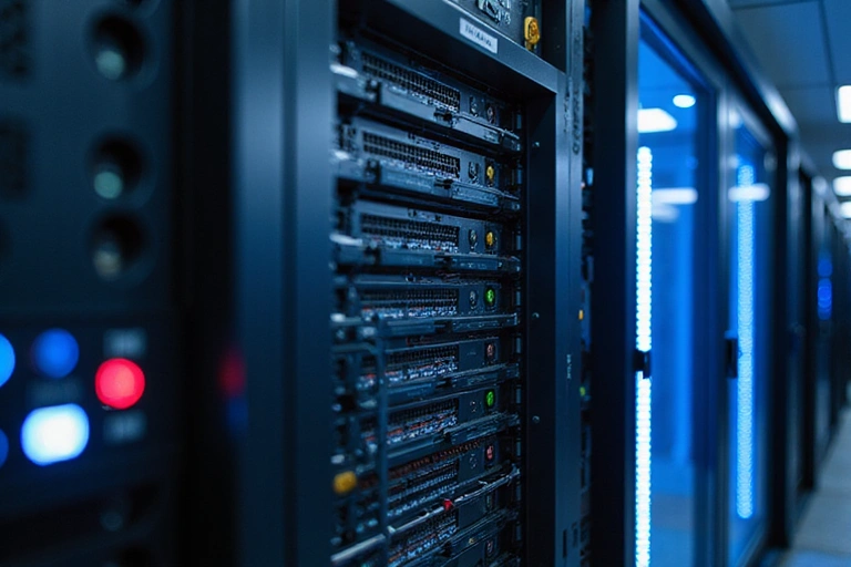 Szerver rack a szervertermben, amely a fizikai infrastruktúrát szemlélteti